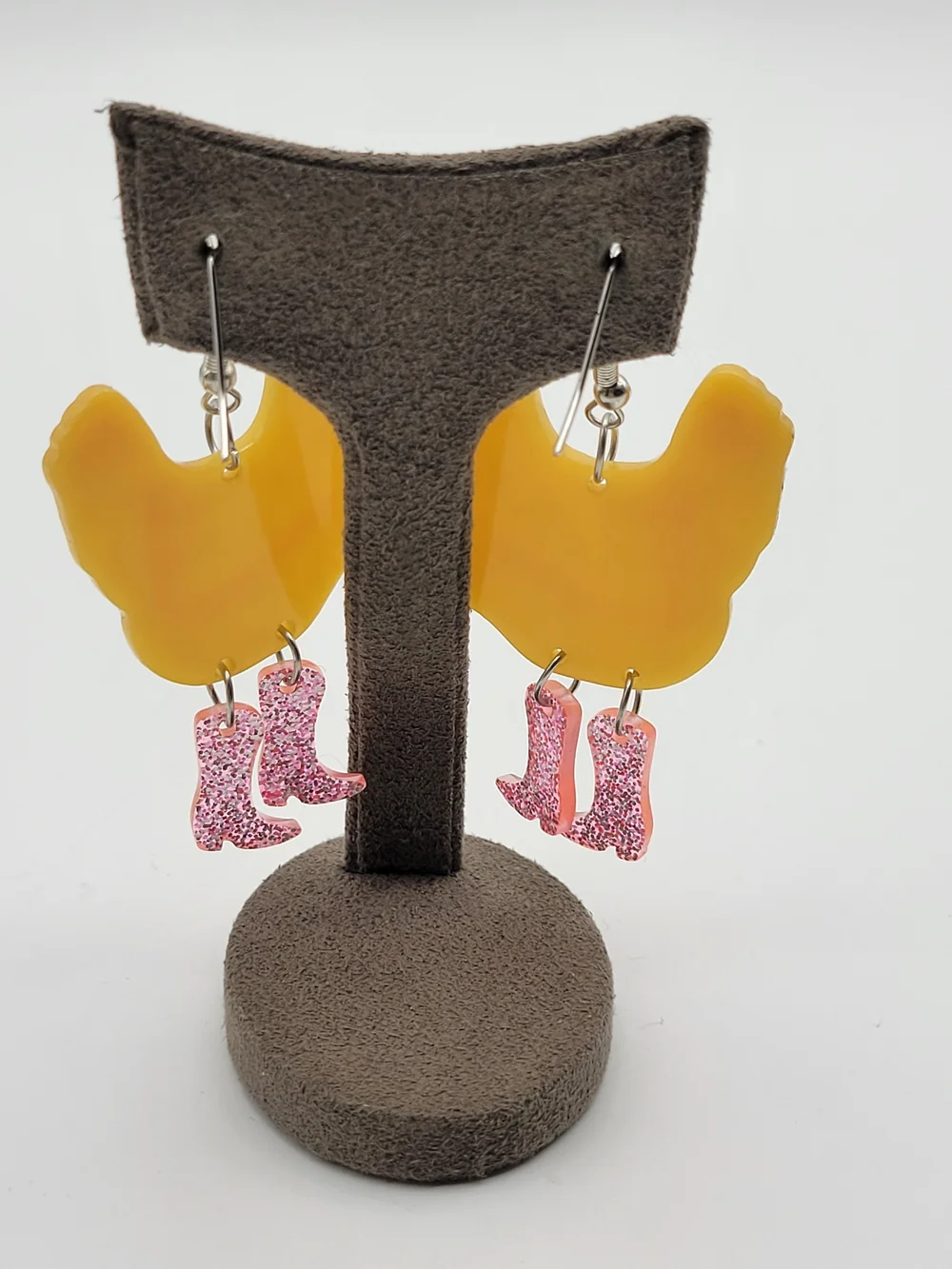 Funny Funky Yellow pink Glitter Chicken Dangle earrings - Picture 5 of 8